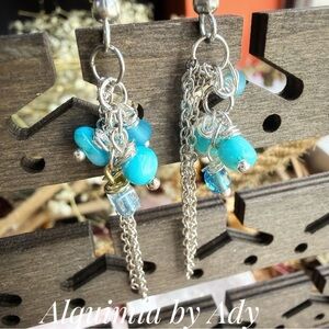 Alquimia Aquamarine and mother of pearl and Silver Chain Earrings